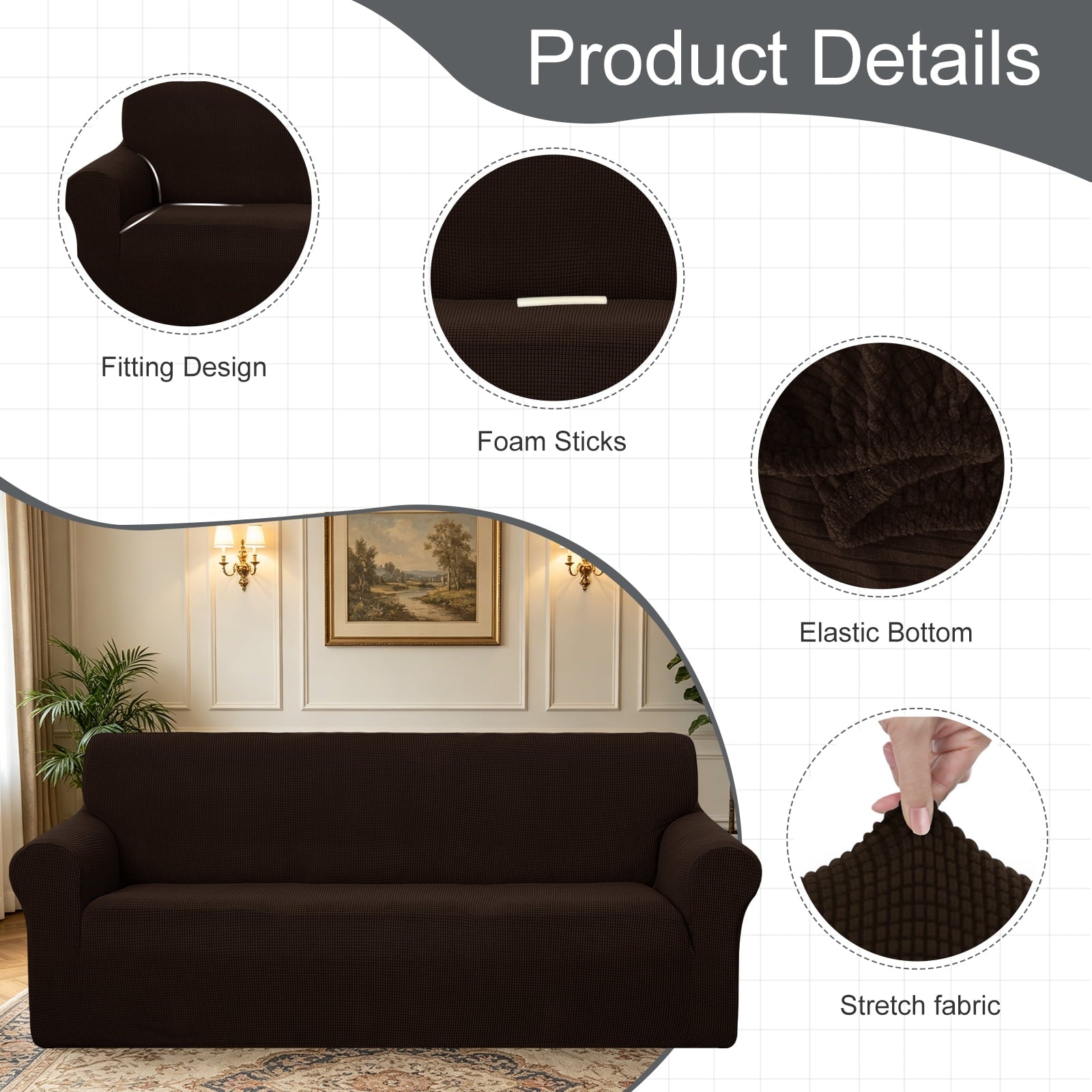 U-NICE HOME 1 Piece Stretch Sofa Cover Pet Friendly Washable Slipcover Furniture Protector for 3 Cushion Couch, Chocolate